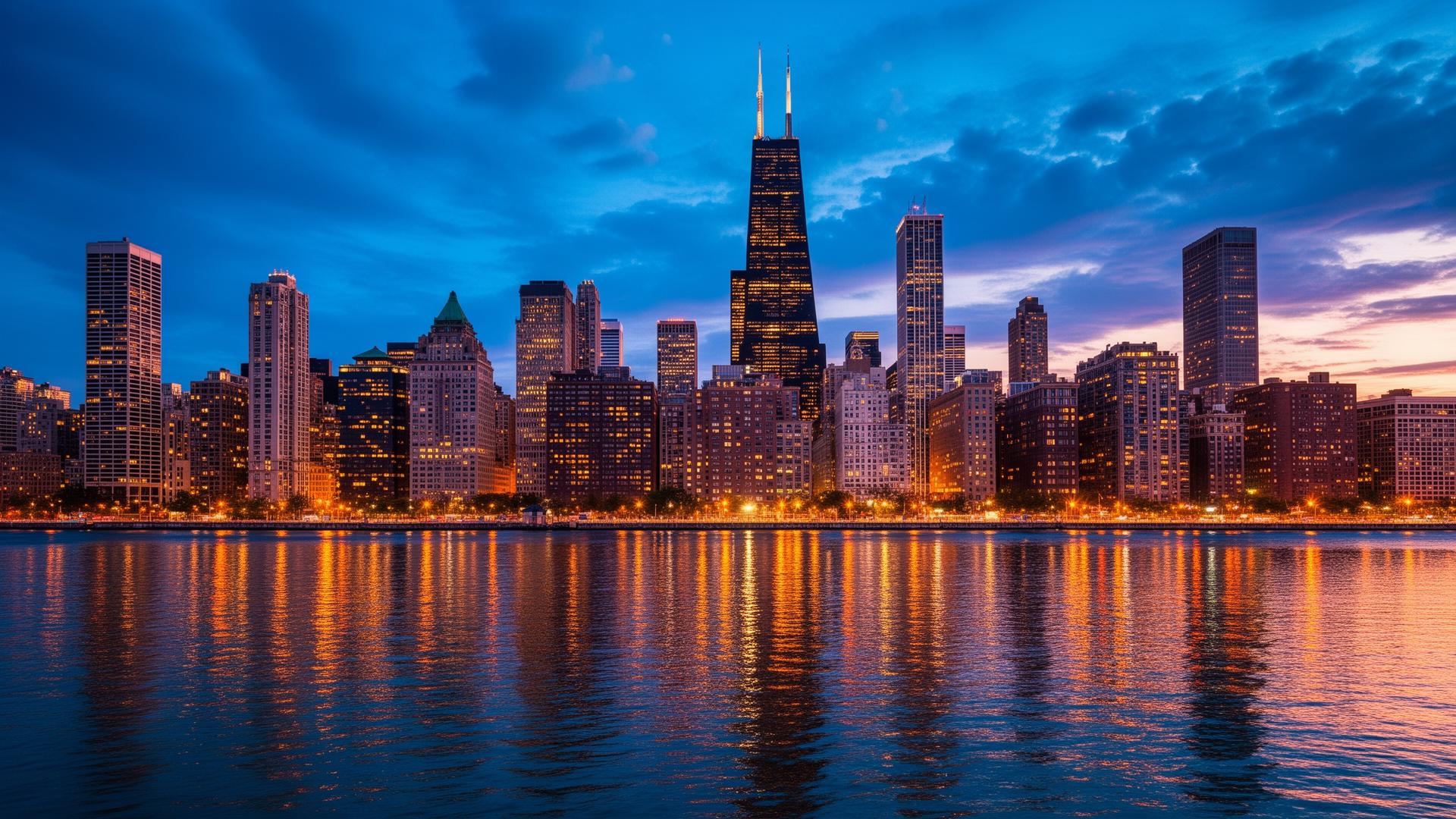 Chicago skyline behind What Da Cluck
